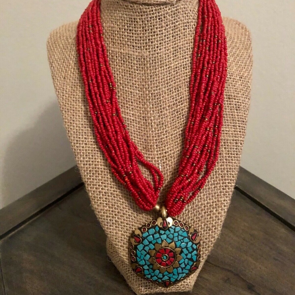 Necklace/Nepal/Coral beads/turquoise/brass. Beautiful and thick necklace. New!